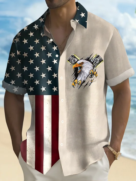 Royaura® Vintage Independence Day Flag Eagle 3D Print Men's Button Pocket Short Sleeve Shirt Big & Tall