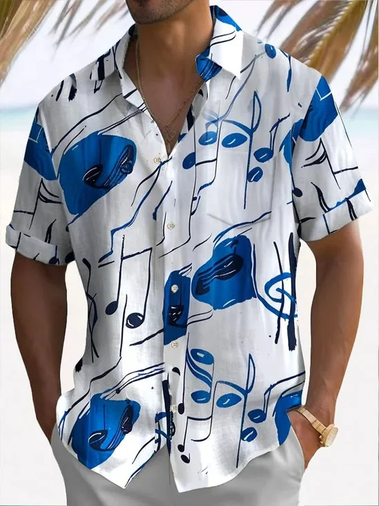 Royaura® Vintage Abstract Music Note Print Chest Pocket Men's Shirt Big Tall