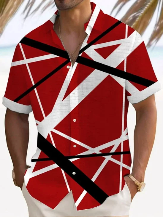 Royaura® Vintage Striped Geometric Print Chest Pocket Men's Shirt Big Tall