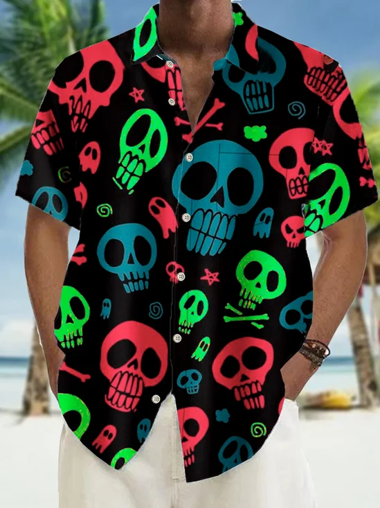 Royaura® Retro Rock Skull 3D Print Men's Button Pocket Short Sleeve Shirt
