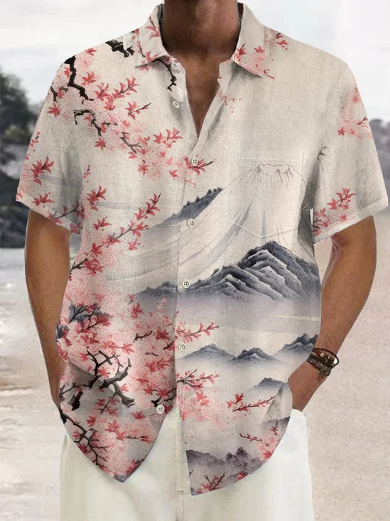 Royaura® Hawaiian Cherry Blossom Ukiyoe Mount Fuji 3D Print Men's Button Pocket Short Sleeve Shirt