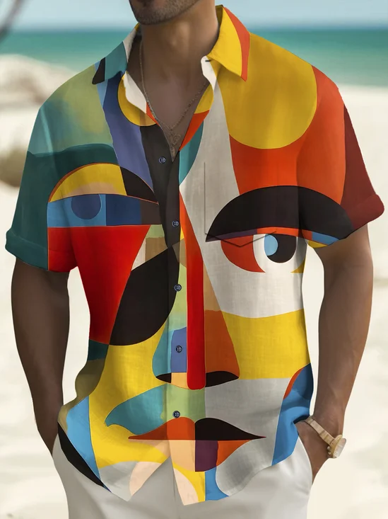Royaura® Vintage Geometric Face Art Print Chest Pocket Men's Tall Shirt Big Tall