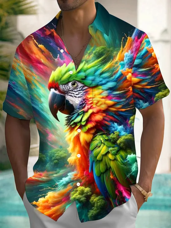 Royaura® Hawaiian Parrot Art Abstract 3D Print Men's Button Pocket Short Sleeve Shirt Big & Tall