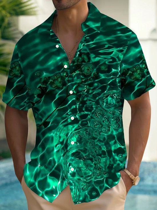 Royaura® Hawaiian Water Ripple Green 3D Print Men's Button Pocket Short Sleeve Shirt Big & Tall