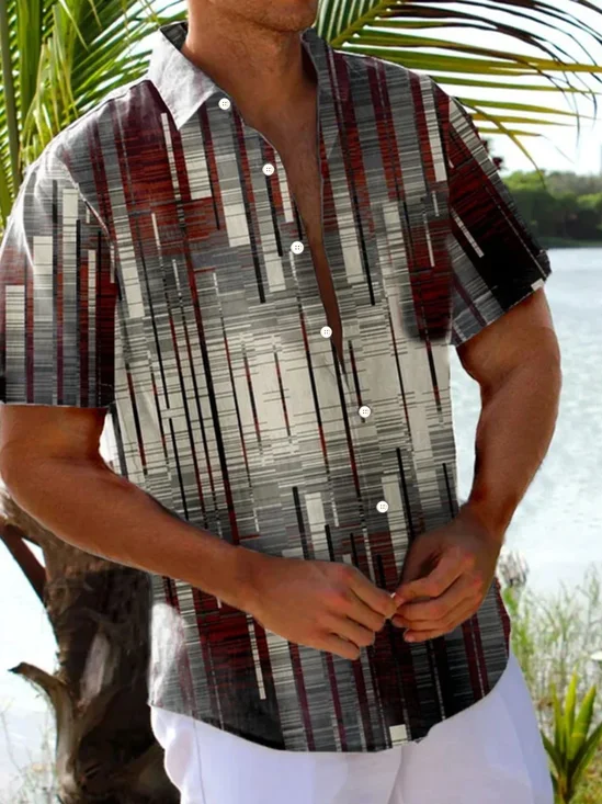 Royaura® Retro Geometric Texture 3D Print Men's Button Pocket Short Sleeve Shirt Big & Tall