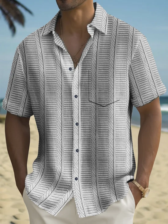 Royaura® Vintage Abstract Stripe Print Chest Pocket Men's High Shirt Big Tall