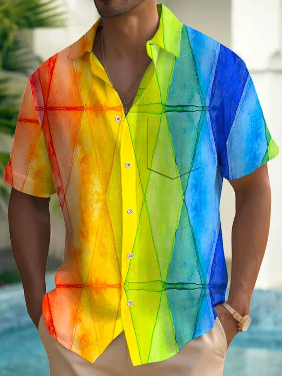 Royaura® Hawaiian Art Geometric Color Block 3D Print Men's Button Pocket Short Sleeve Shirt Big & Tall