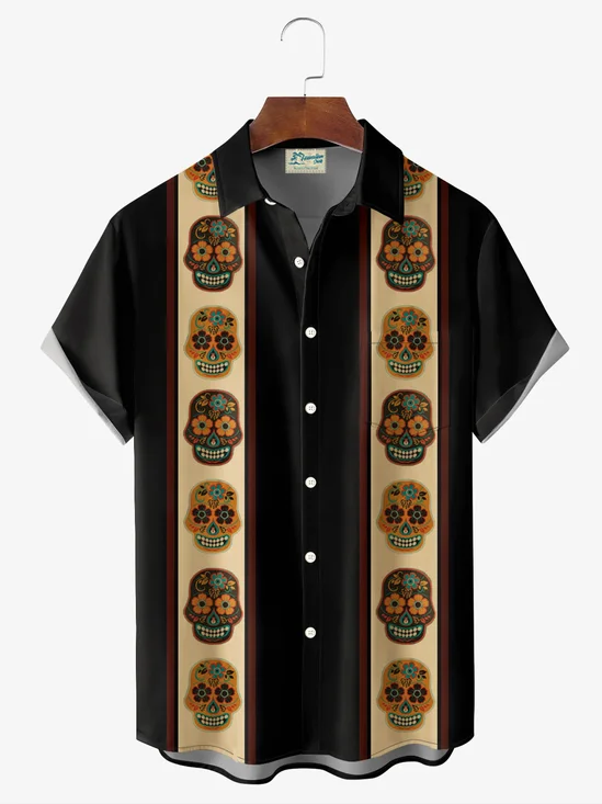 Royaura® Retro Bowling Skull 3D Print Men's Button Pocket Short Sleeve Shirt Big & Tall
