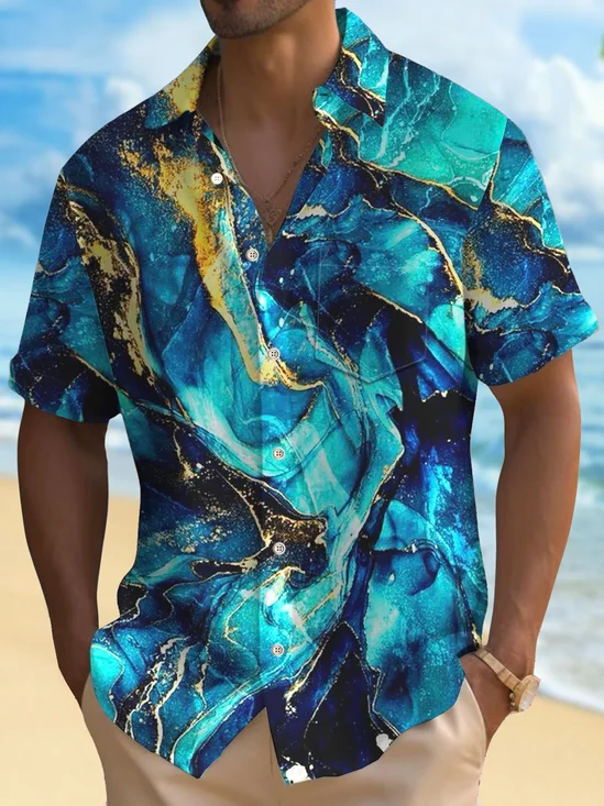 Royaura® Retro Abstract Gradient Geometric 3D Print Men's Button Pocket Short Sleeve Shirt Big & Tall