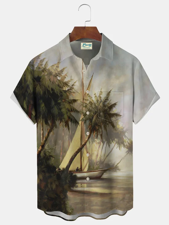 Royaura® Beach Vacation Men's Hawaiian Shirt Sailing Coconut Tree Print Pocket Camping Shirt Big Tall