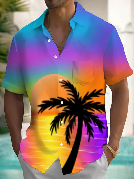 Royaura® Hawaiian Coconut Tree Gradient 3D Print Men's Button Pocket Short Sleeve Shirt Big & Tall