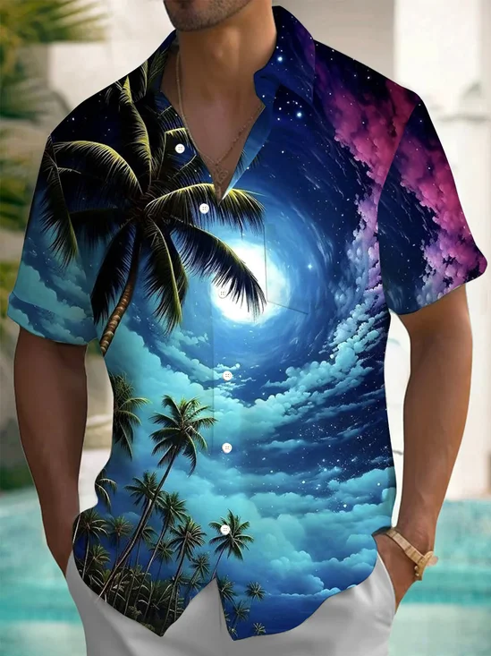 Royaura® Hawaiian Coconut Tree Starry Sky Gradient 3D Print Men's Button Pocket Short Sleeve Shirt Big & Tall