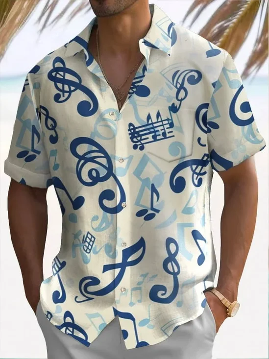 Royaura® Beach Vacation Men's Hawaiian Shirt Music Abstract Note Print Pocket Camping Shirt Big Tall