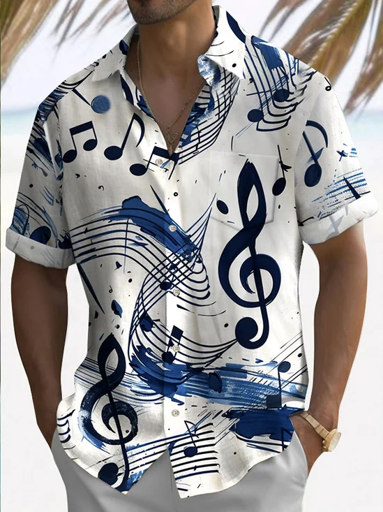 Royaura® Retro Music Notes 3D Print Men's Button Pocket Short Sleeve Shirt Big & Tall