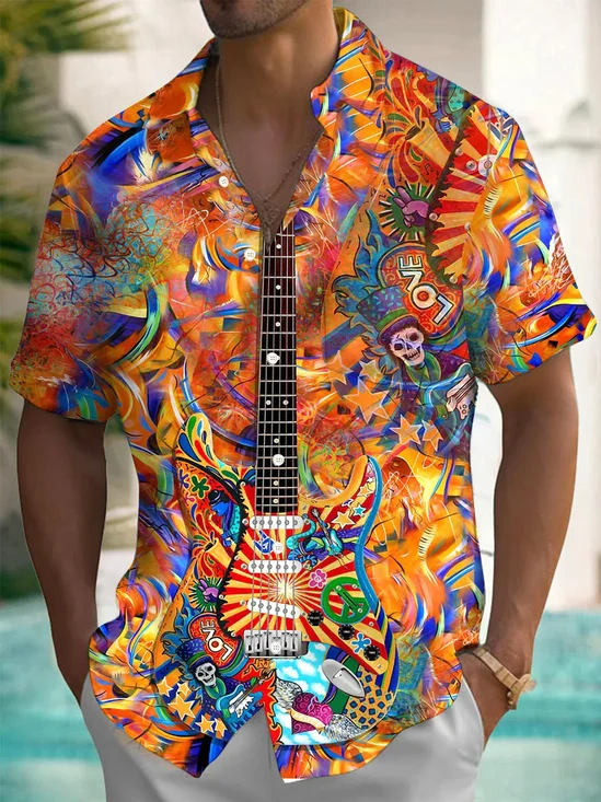Royaura® Retro Hippie Guitar Music 3D Print Men's Button Pocket Short Sleeve Shirt Big & Tall