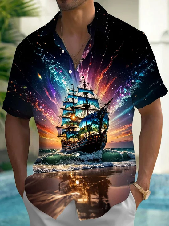 Royaura® Retro Nautical Pirate Ship Gradient 3D Print Men's Button Pocket Short Sleeve Shirt Big & Tall