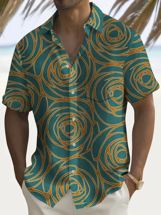 Royaura® Beach Vacation Men's Hawaiian Shirt Striped Floral Print Pocket Camping Shirt Big Tall