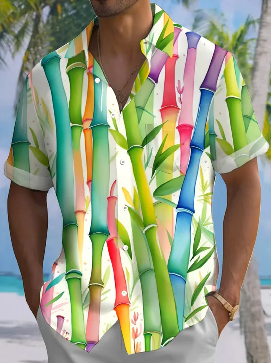 Royaura® Hawaiian Bamboo Gradient 3D Print Men's Button Pocket Short Sleeve Shirt Big & Tall