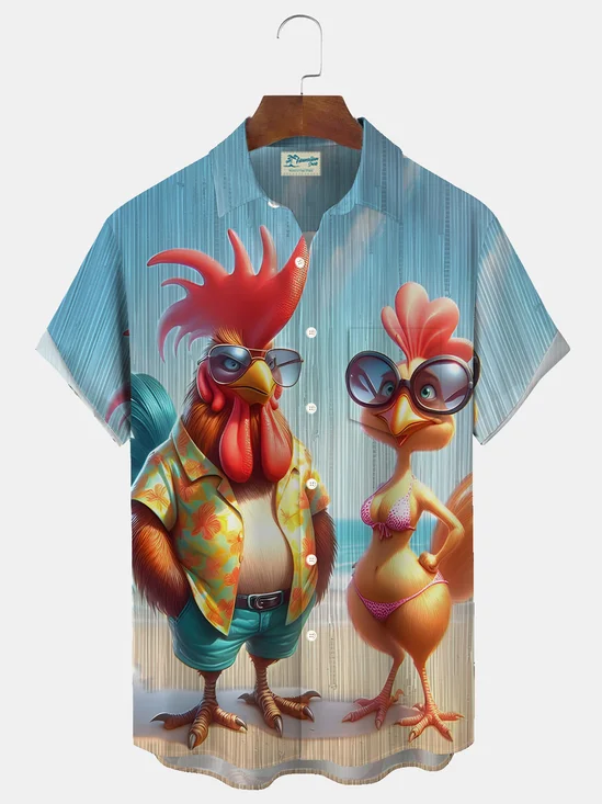 Royaura® Hawaiian Fun Rooster Beach 3D Print Men's Button Pocket Short Sleeve Shirt Big & Tall