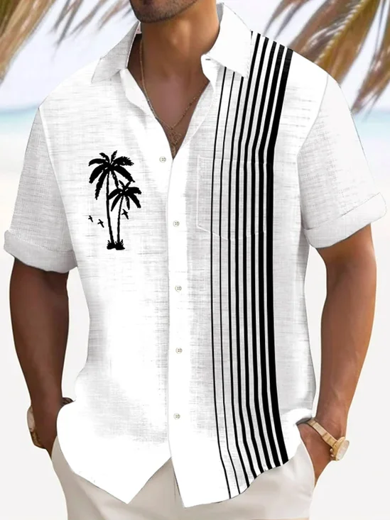 Royaura® Hawaiian Coconut Tree Stripe 3D Print Men's Button Pocket Short Sleeve Shirt Big & Tall