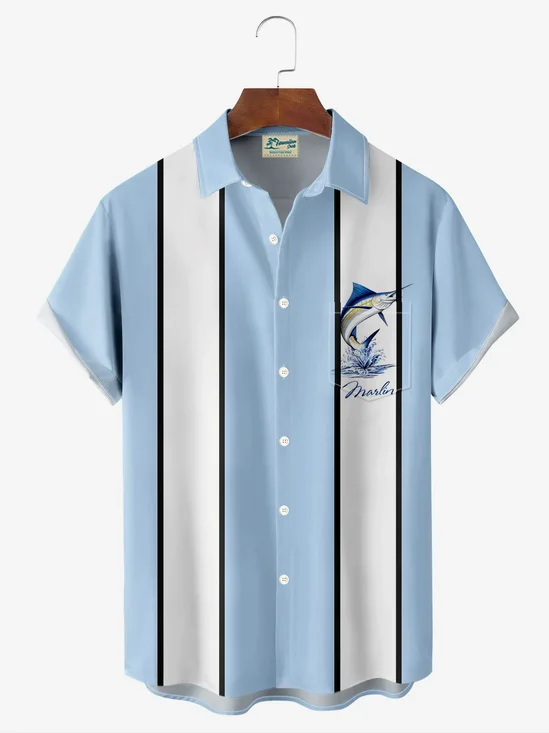 Royaura® Retro Bowling Contrast Color Striped Swordfish 3D Print Men's Button Pocket Short Sleeve Shirt Big & Tall