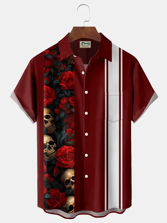 Royaura® Retro Bowling Floral Skull Stripe 3D Print Men's Button Pocket Short Sleeve Shirt Big & Tall