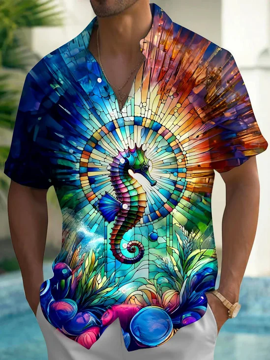 Royaura® Retro Abstract Art Seahorse 3D Print Men's Button Pocket Short Sleeve Shirt Big & Tall