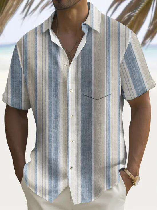 Royaura® Vintage Striped Texture Print Chest Pocket Men's Tall Shirt Big Tall