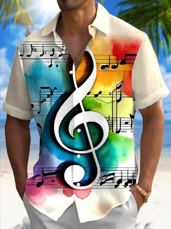 Royaura® Retro Music Note Gradient 3D Print Men's Button Pocket Short Sleeve Shirt Big & Tall