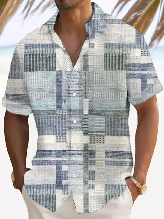 Royaura® Retro Geometric Texture Carpet 3D Print Men's Button Pocket Short Sleeve Shirt Big & Tall