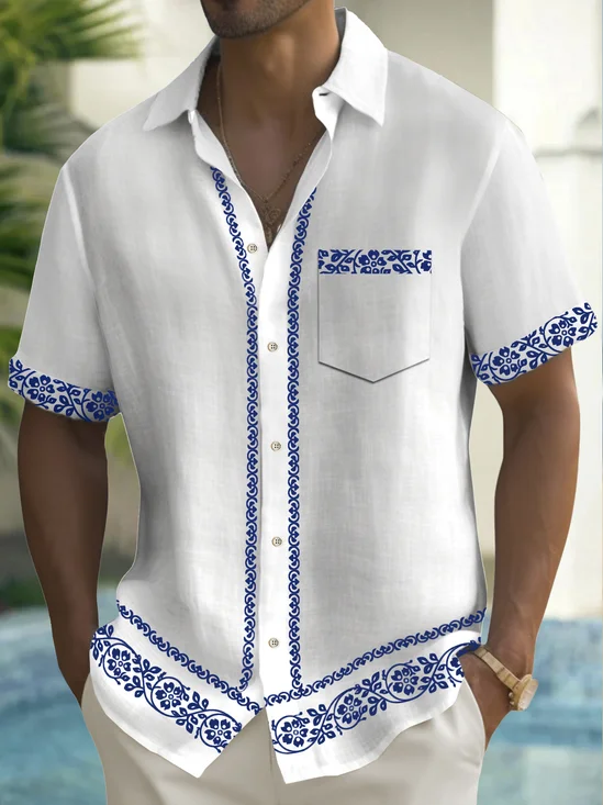 Royaura® Basic Men's Hawaiian Shirt Baroque Palace Ethnic Floral Print Stretch Pocket Camping Shirt Big Tall