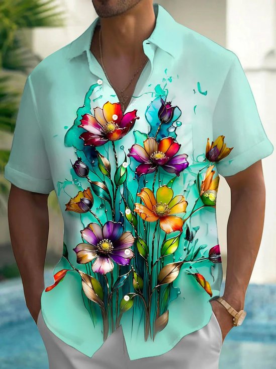Royaura® Hawaiian Floral Gradient 3D Print Men's Button Pocket Short Sleeve Shirt Big & Tall