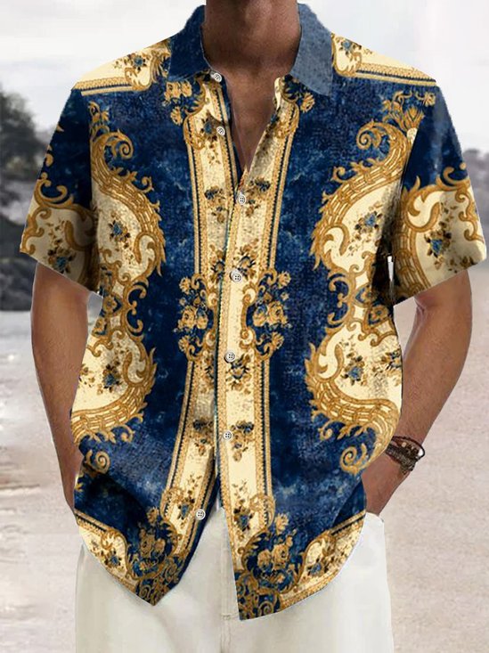 Royaura® Retro Geometric Baroque Court Style Men's Button Pocket Short Sleeve Shirt Big & Tall