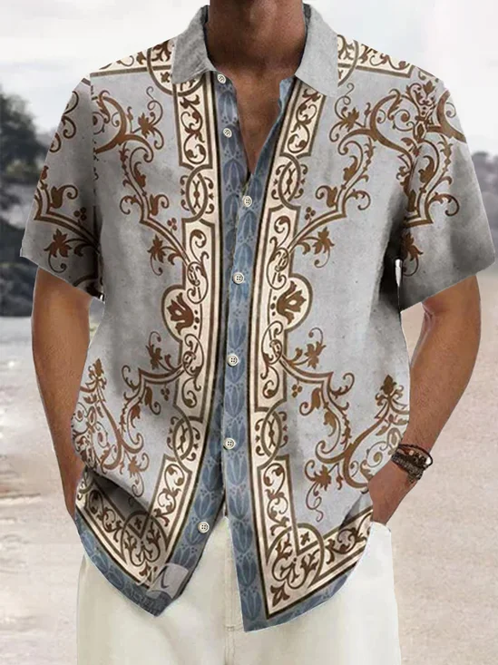 Royaura® Retro Baroque Palace Style 3D Print Men's Button Pocket Short Sleeve Shirt Big & Tall