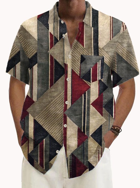 Royaura® Retro Geometric Color Block 3D Print Men's Button Pocket Short Sleeve Shirt Big & Tall