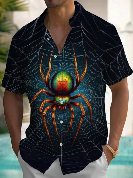 Royaura®Retro Spider Halloween 3D Print Men's Button Pocket Short Sleeve Shirt Big & Tall