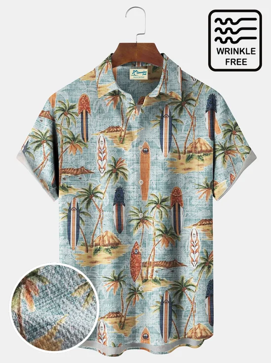 Royaura® Men's Hawaiian Shirt Coconut Tree Surfboard Print Seersucker Anti-Wrinkle Pockets Camping Shirt Big Tall