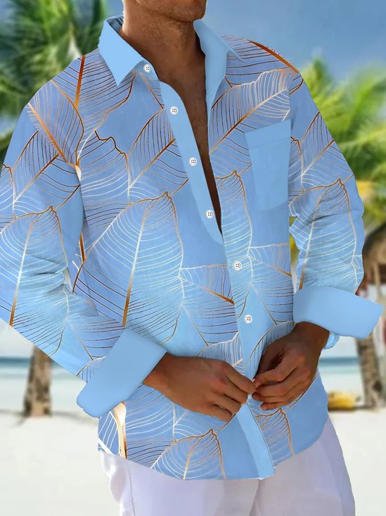 Royaura® Hawaii Plant Leaves Gradient Contrast Color 3D Print Men's Button Pocket Long Sleeve Shirt Big & Tall