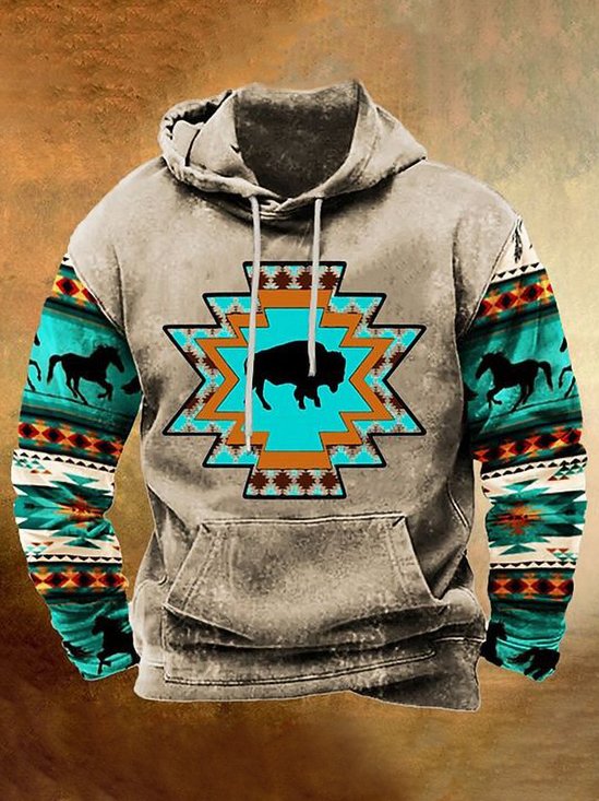Royaura® Vintage Western Denim Men's Drawstring Hoodie Stretch Large Size Camping Outdoor Pullover Sweatshirt