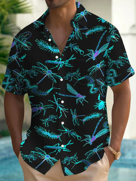 Royaura® Hawaiian Animal Insect 3D Print Men's Button Pocket Short Sleeve Shirt Big & Tall