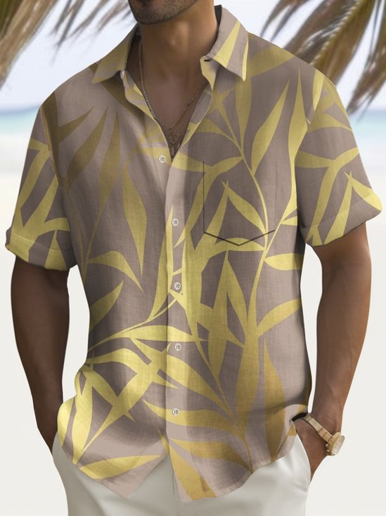 Royaura® Beach Vacation Men's Hawaiian Shirt Gold Leaf Print Pocket Camping Shirt Big Tall