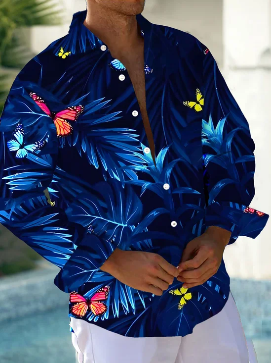 Royaura® Hawaiian Plant Tropical Flower Butterfly 3D Print Men's Button Pocket Long Sleeve Shirt Big & Tall
