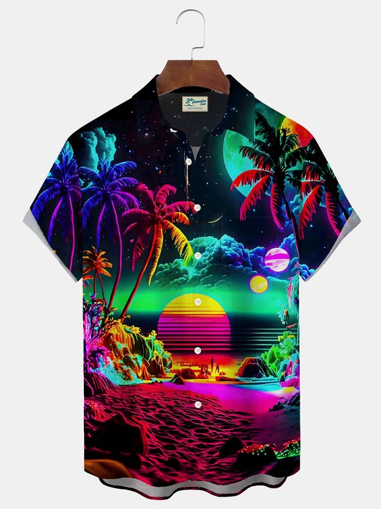 Royaura® Hawaii Coconut Tree Sunset Landscape 3D Print Men's Button Pocket Short Sleeve Shirt