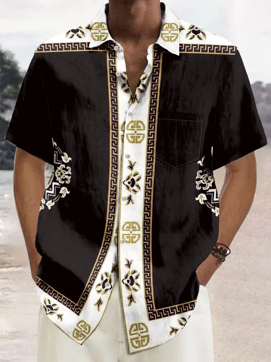 Royaura® Vintage Men's Hawaiian Shirt Baroque Palace Ethnic Floral Print Stretch Pocket Camping Shirt Big Tall