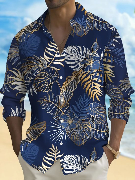 Royaura® Hawaiian Plant Leaves Tropical 3D Digital Print Men's Button Pocket Long Sleeve Shirt Big & Tall