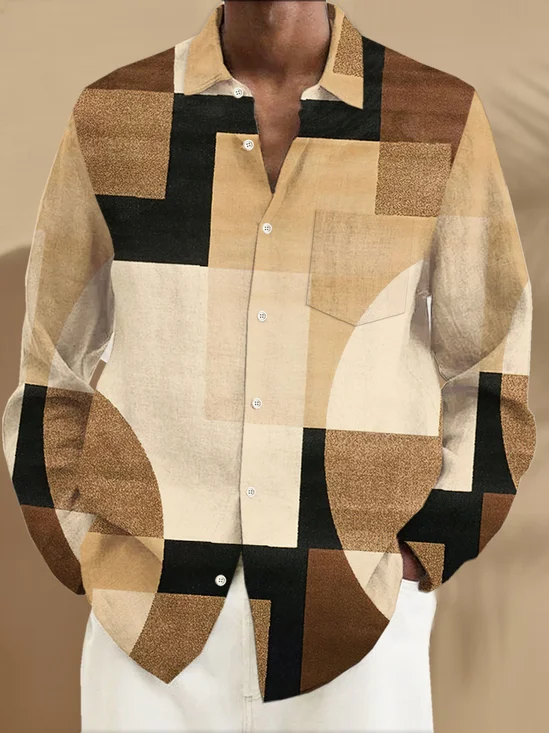 Royaura® Retro Geometric Color Block Carpet 3D Digital Printed Men's Button Pocket Long Sleeve Shirt Big & Tall