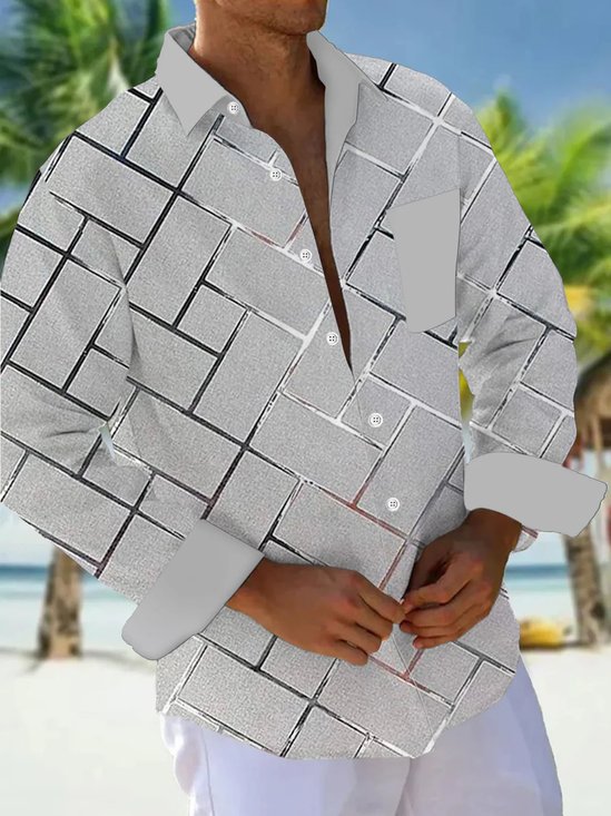 Royaura® Retro Geometric Color Block Carpet 3D Digital Printed Men's Button Pocket Long Sleeve Shirt Big & Tall