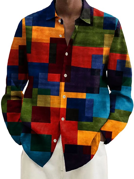Royaura® Retro Geometric Color Block 3D Digital Printed Men's Button Pocket Long Sleeve Shirt