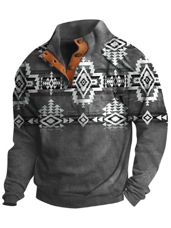 Royaura® Men's Western Ethnic Print Men's Button Stand Collar Sweatshirt