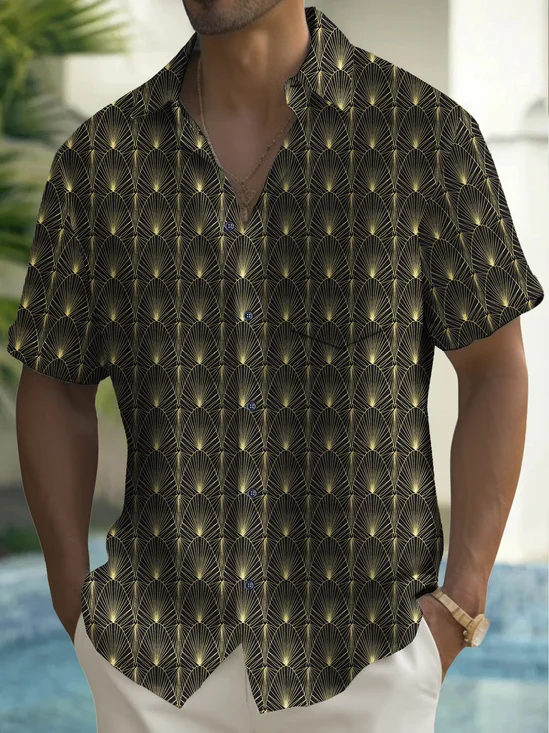 Royaura® Vintage Black Gold Geometric Line Print Chest Pocket Men's High Shirt Big Tall